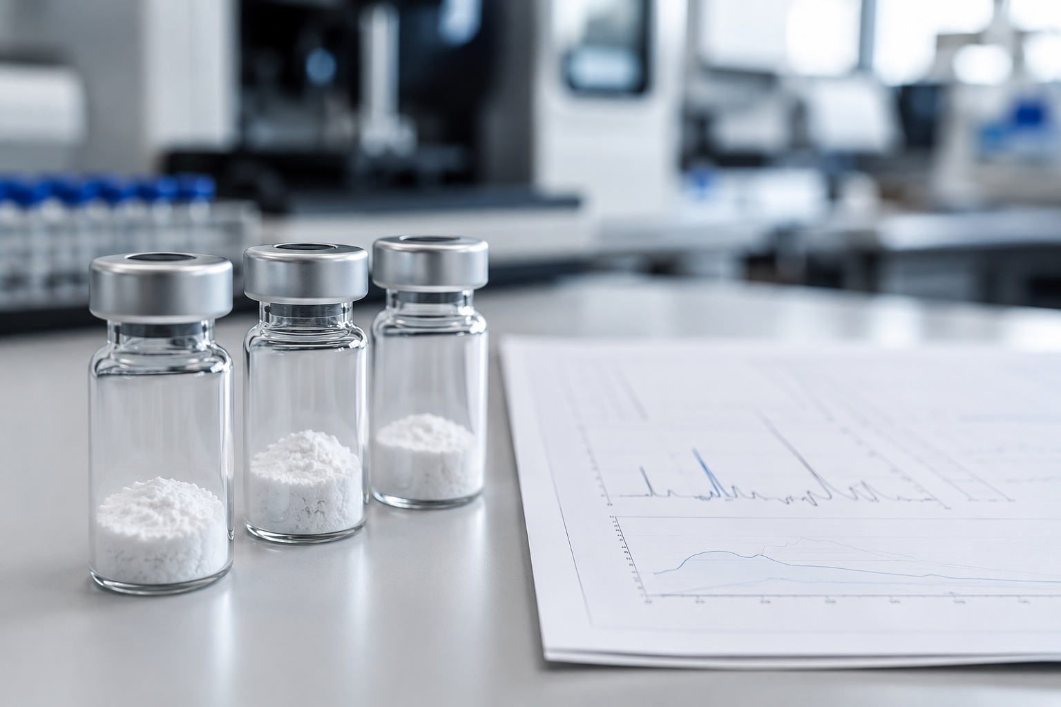 Sample vials beside an analytical report